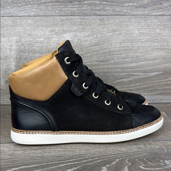 Sperry Top Sider Gold Cup Rey Isla Women’s Sz 9.5 Black Tan Leather Lace Up Boot - Picture 1 of 11